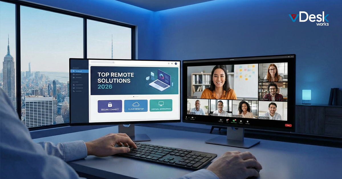 remote desktop solutions, hybrid work tools, TeamViewer, AnyDesk, Splashtop, Zoho Assist, LogMeIn Pro, VDI solutions, secure remote access, cloud-based desktops, enterprise remote tools